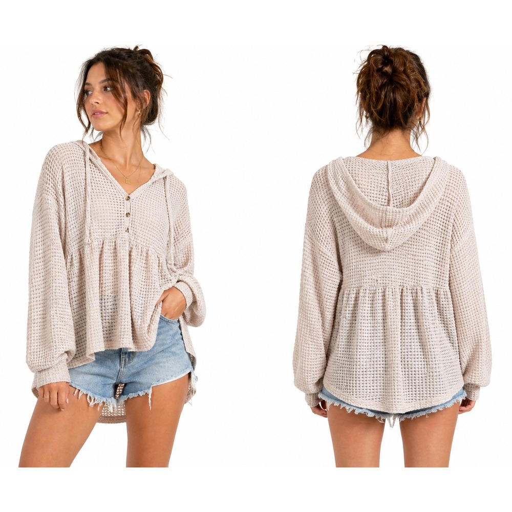 SO Waffle Knit Hoodie Women Small Oatmeal Babydoll Henley Peplum Boho Top